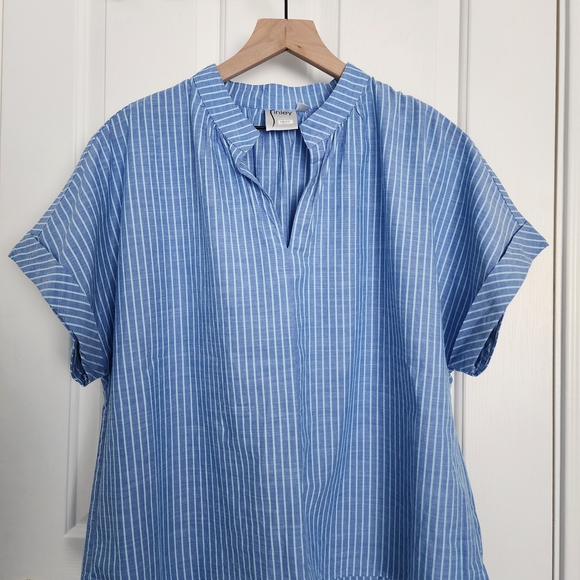 Finley Jay Striped Cotton Chambray Blouse In Aqua/blue - Picture 2 of 11